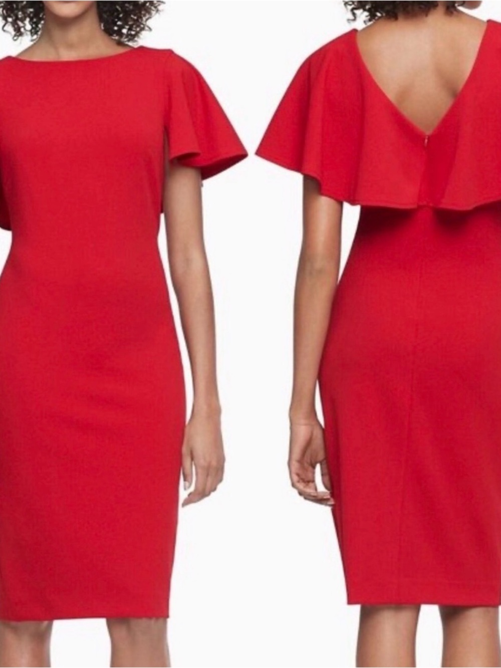 Calvin Klein Red Flutter-Sleeve Midi Sheath Dress